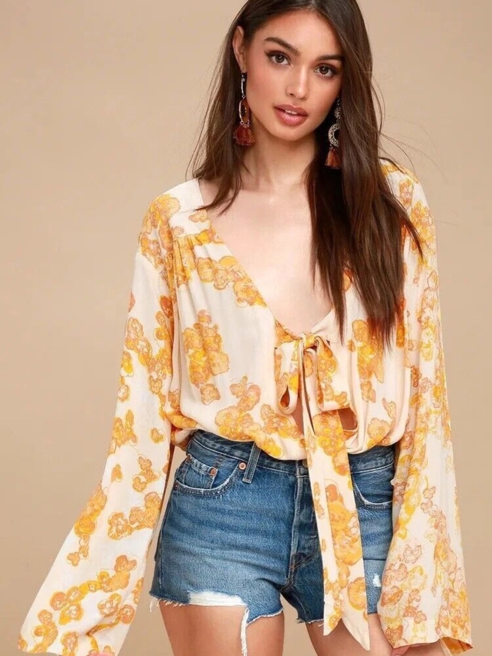 Intimately Free People Floral Lace Bodysuit Small Bell Sleeve Tie Front